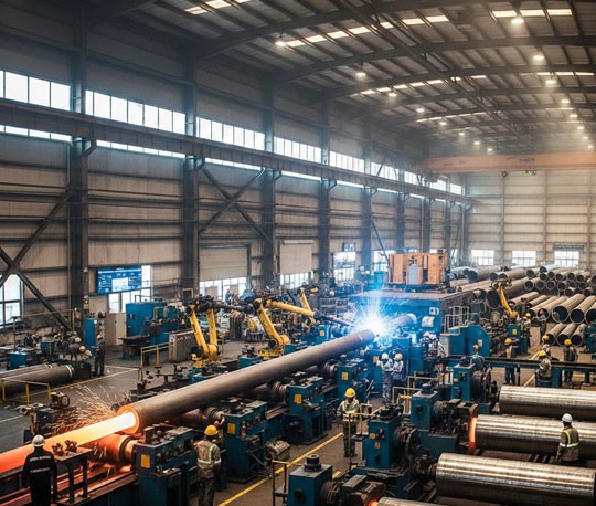 An industrial factory scene featuring workers assembling large metal pipes, with welding sparks flying. Several machines and robotic arms are visible, and large windows allow natural light to illuminate the space.